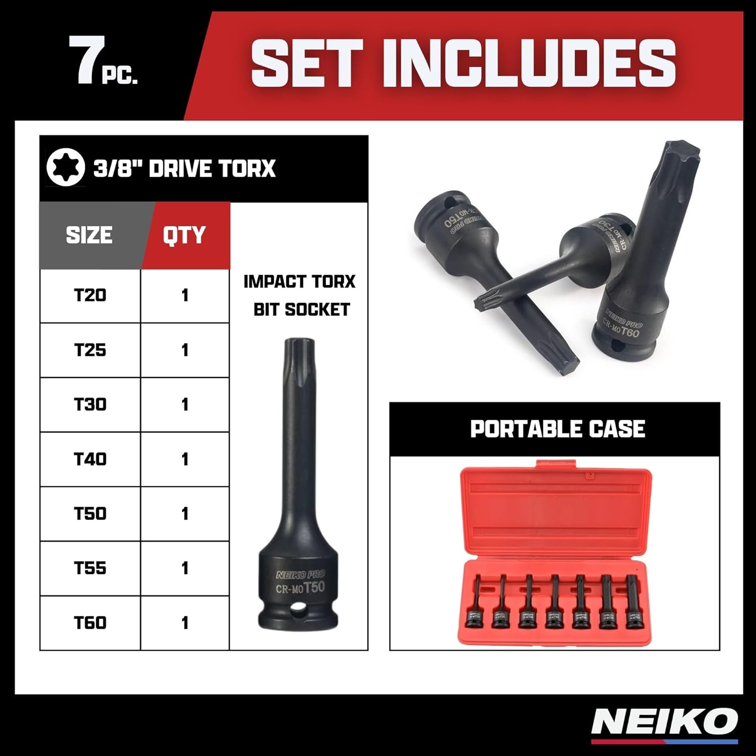 01132B 3/8” Drive Torx Star Driver Bit Socket Set 7 Piece T20 to T60 3” Length Cr-Mo Impact Grade