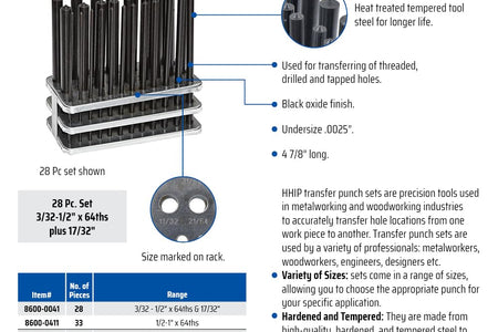 8600-0041 28 Piece Transfer Punch Set, 3/32" - 1/2"